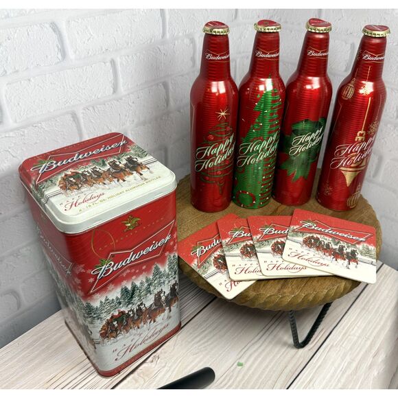 2007 Budweiser Collectible Tin, Empty Aluminum Bottles & Press Board Coasters - Picture 1 of 11